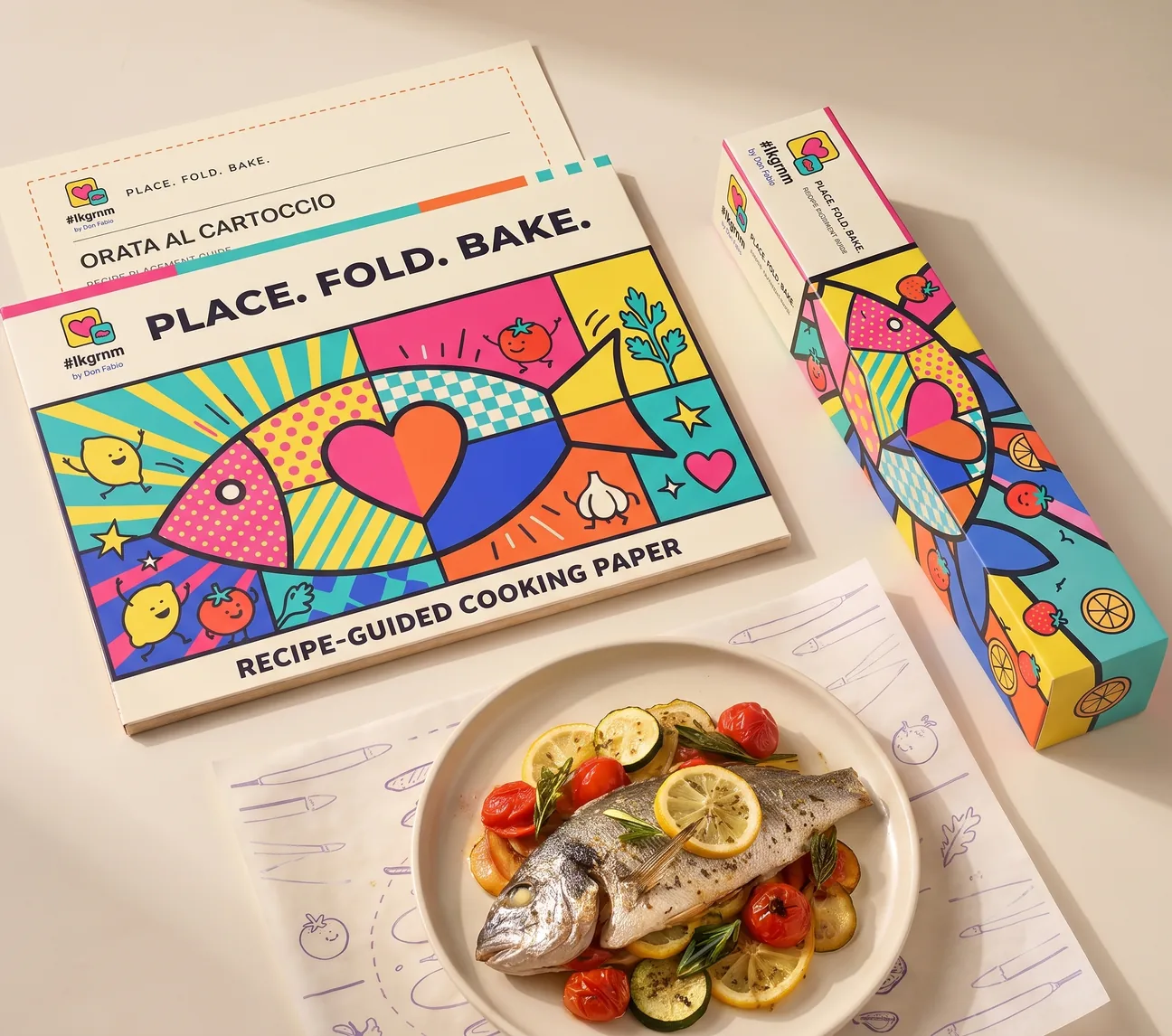 The LIKEGRANMA Flat Pack and Roll Box beside a whole sea bream baked in parchment with lemon, cherry tomatoes and zucchini