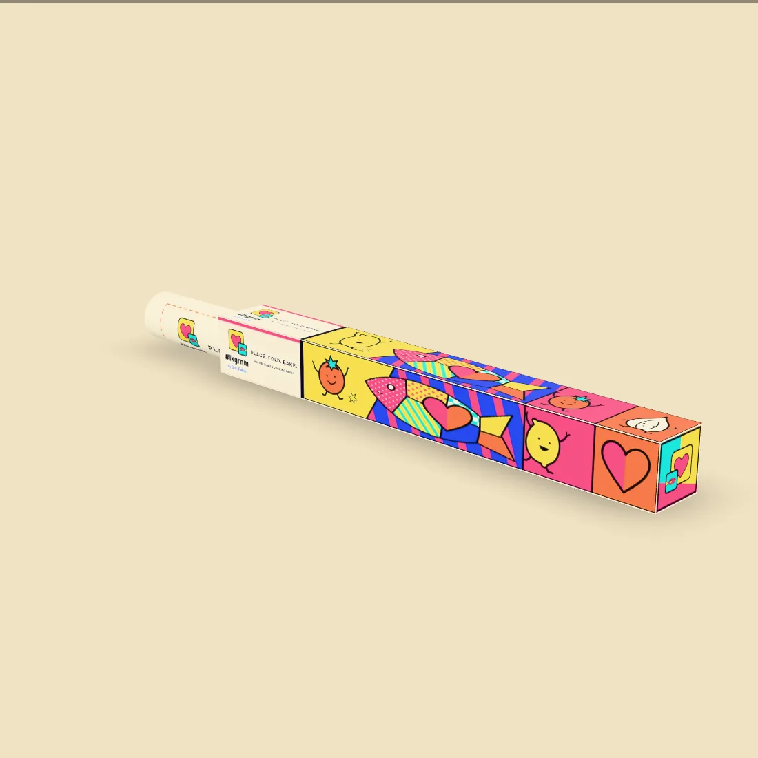 The LIKEGRANMA Roll Box, a long square box printed with the pop fish artwork, with the paper roll showing at one end