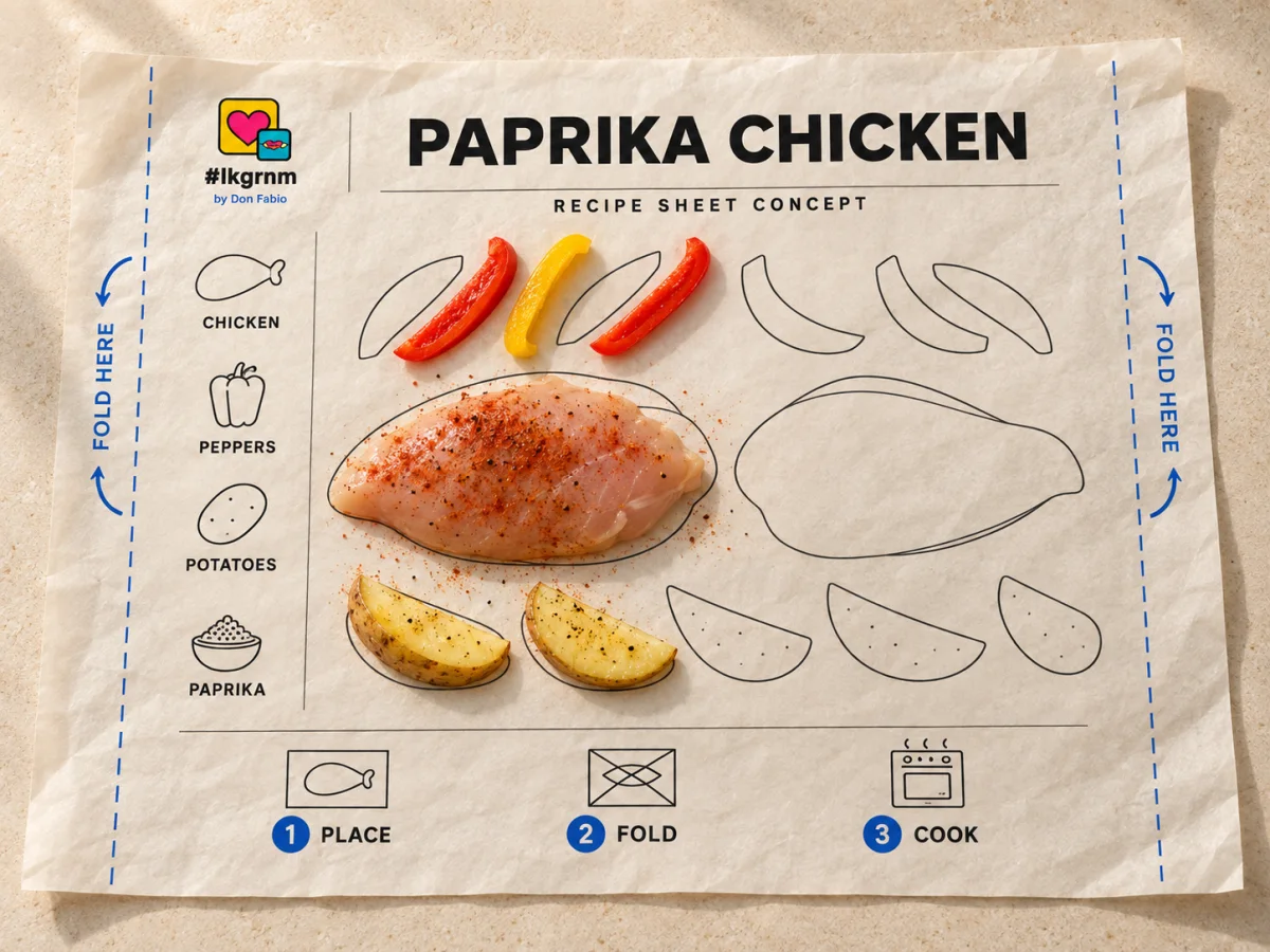 LIKEGRANMA chicken recipe sheet concept with chicken, pepper and potato placement outlines and printed fold guides