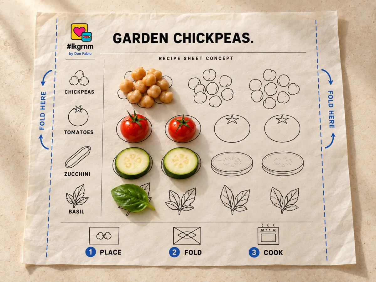 LIKEGRANMA vegetarian recipe sheet concept with chickpea, tomato, zucchini and basil outlines and ingredients on the paper