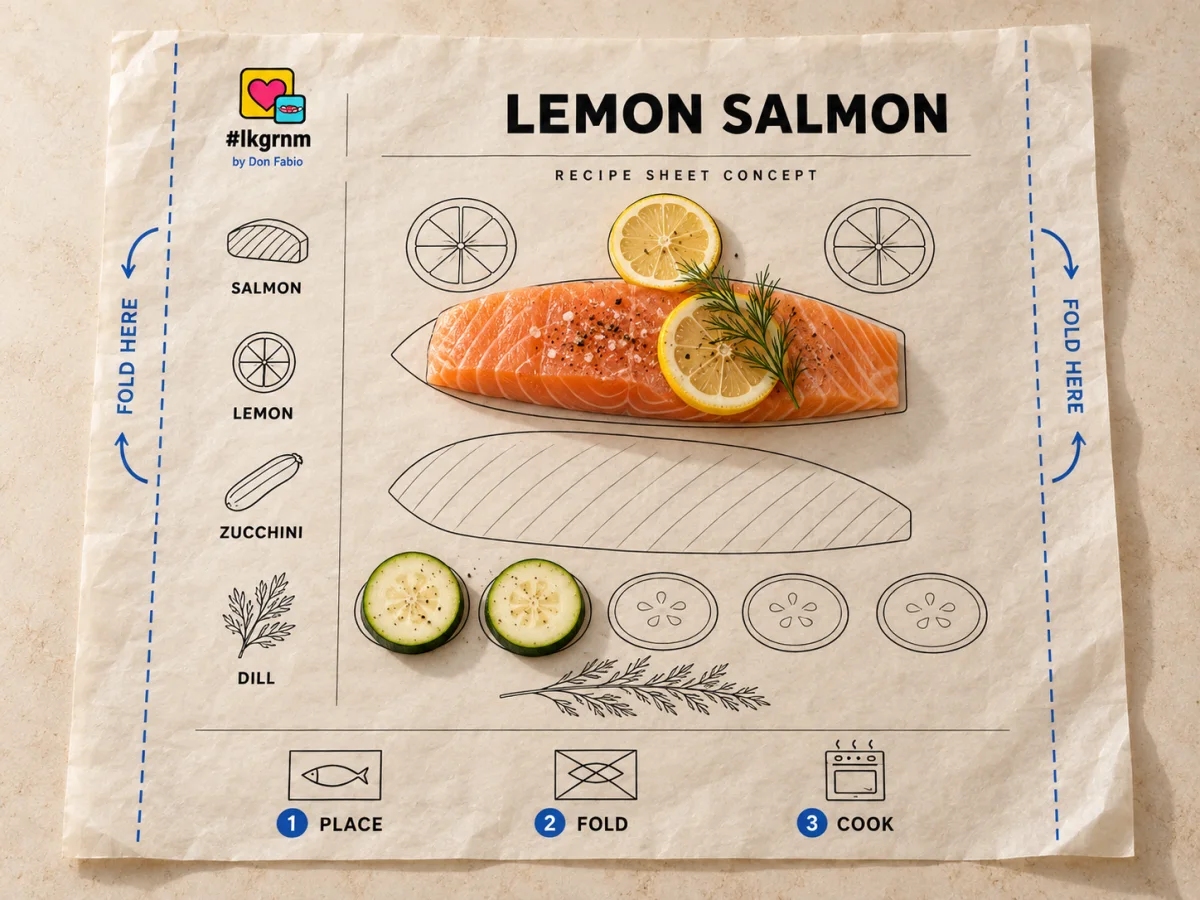 LIKEGRANMA salmon recipe sheet concept with ingredient outlines, fold guides, a salmon fillet, lemon and zucchini